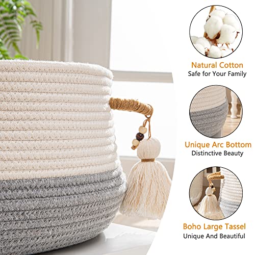 KAKAMAY Woven Baskets for Storage(16"x8"),Blanket Basket for Organizing Living Room,Cotton Rope Basket Woven Baby Laundry Hamper,Collapsible Laundry Room Organization,Clothes,Toy Chest(Grey) - color: Grey