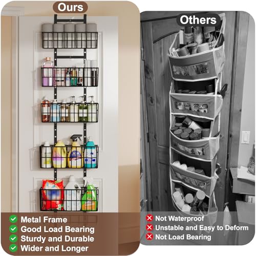 Hongtamoya Adjustable Over the Door Organizer, Metal Hanging Door Organizer with 5 Wire Basket 7 Hooks, Wall Mounted Shelf for Pantry Laundry Organization and Storage, Black - color: Black Wire Basket