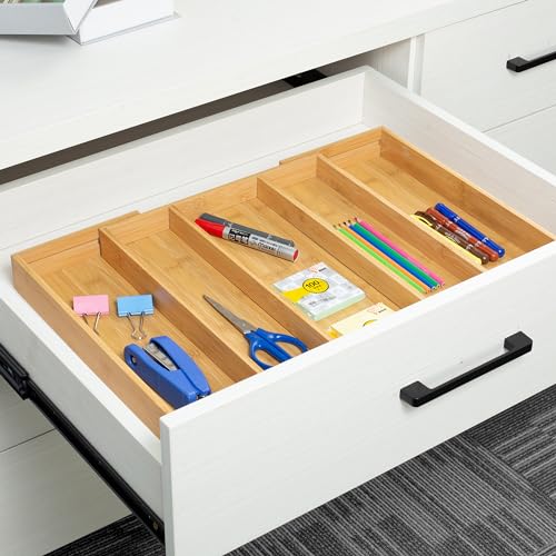 Utoplike Bamboo Expandable Kitchen Drawer Organizer, Adjustable Utensil Holder and Cutlery Tray Organiser, Drawer Divider for Silverware, Flatware, Knives in Kitchen, Bedroom, Living Room, 5 Slot - color: Natural, size: Large