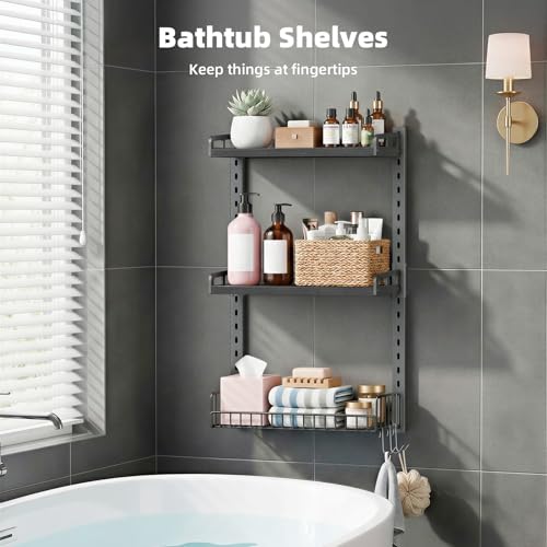Kalrin 3 Tier Bathroom Shelves Over Toilet - Wall Mounted Floating Shelves with Drain Basket, Toilet Paper Storage, Height Adjustable Over The Toilet Storage, Pure Black - color: Pure Black