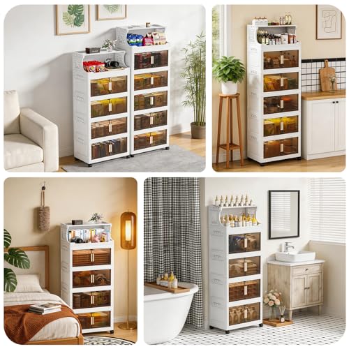 6 Tier Plastic Storage Bins with Top Open Shelf, Folding Storage Box with Doors and Wheels, Stackable Closet Organizers for Living Room, Office, Dorm