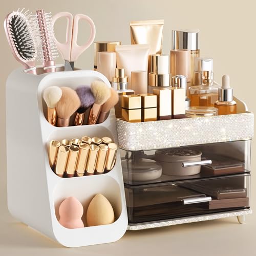 HBlife Makeup Organizer with Brush Holder for Vanity, Large Plastic Bathroom Countertop Organizer Skin Care Storage, Easy to Store Lipsticks, Nail Polishes, Perfumes, Eyeshadow Palettes, Pearl White - color: Pearl White, size: Large