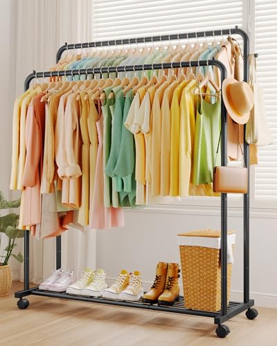 Sakugi Clothes Rack - Double Rods Clothing Rack with Mesh Shelf, Hooks & Wheels, Metal Clothing Racks for Hanging Clothes & Bags, Multifunctional Garment Rack for Laundry, Black, 47.2" x 16.9" x 59.1" - color: Black, size: X-Large 47.2"W x 16.9"D x 59.1"H
