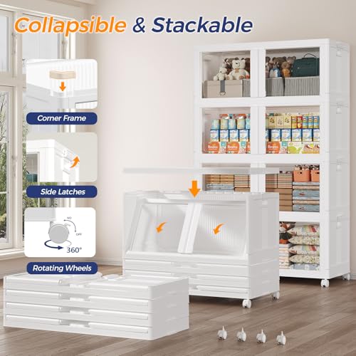 200GAL Large Stackable Storage Bins with Lid and Wheels, 800Qt Collapsible Organizer Cabinet with Clear Door, for Closet, Bedroom, Kitchen, Garage, 4-Pack White - style: 4 Pack