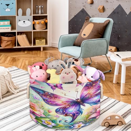 Pardick Spring Flower Butterfly Large Round Storage Basket Collapsible Circle Storage Bin Laundry Hamper With Handle for Kids Toy Blanket Clothes Towel Living Room Nursery Storage Organizer Decor - color: Print 12