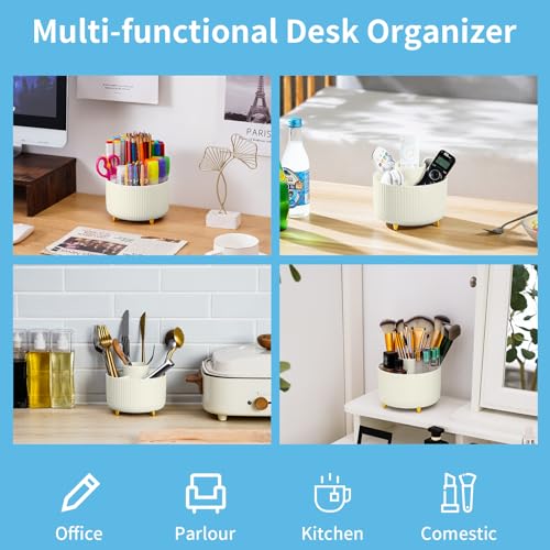 Marbrasse Desk Organizer, 360-Degree Rotating Pen Holder, 5-Compartment Pencil Organizer, Art Supply Storage Box Caddy for Office and Home (Ivory) - color: Ivory