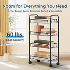 LOFTEY 4 Tier Rolling Storage Cart, Small Metal Utility Cart on Wheels, Rolling Organizer Carts for Kitchen, Bathroom, Laundry Room, Office, Easy No-Tool Assembly, Black