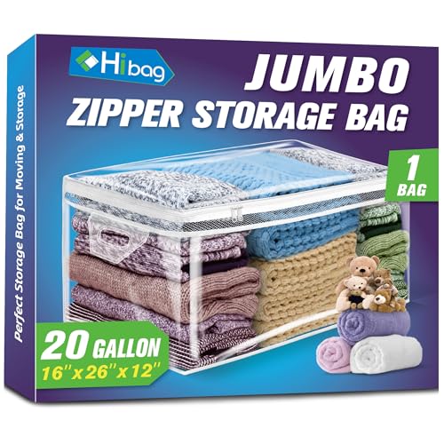 HIBAG 20 Gallon Large Storage Bag for Clothes, Zipper Clothing Storage Bag, Clear Organizer with Reinforced Handles, for Comforters Blankets Pillows Bedding (1 Pack) - size: 20 gal Clear - 1 pack