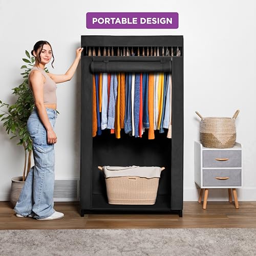 HOLDN’ STORAGE Portable Wardrobe Closet - 50 lb Capacity, Internal Heavy Duty Metal Rod, Zipper & Clear Window, Durable Clothes Organizer, Tool-Free Easy Assembly, Black Canvas Cover - color: Black, size: Medium