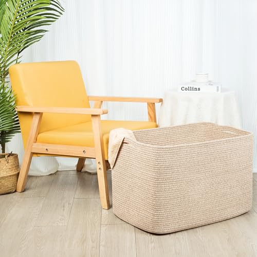 MINTWOOD Design 112L Extra Large Blanket Basket Holder Living Room, 25"x17"x16" Rectangle Rope Woven Storage Basket with Handles for Laundry, Towels, Shoes, Dog Toy Organizer Bin Box, Oatmeal Brown - color: Oatmeal Brown