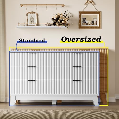 BORNOON 53" Long Dresser for Bedroom, 6-Drawer Dresser with Fluted Fronts, Wide Wood Chest of Drawers, Smooth Metal Slides, Stable Base, Modern Clothes Storage Cabinet for Living Room, Hallway - color: Pure White, size: XL 6-Drawer