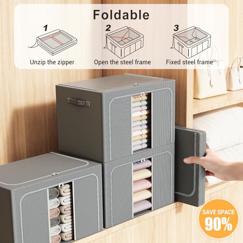 Clothes Storage Bins with Metal Frame, Foldable Clothes Organizers Storage Containers for Clothes, Sheets, Blankets, Pillows and Towels (24L, 3 Pack, Deep Grey) - color: dark gray, size: 24L（15.7“X11.81"X7.87")