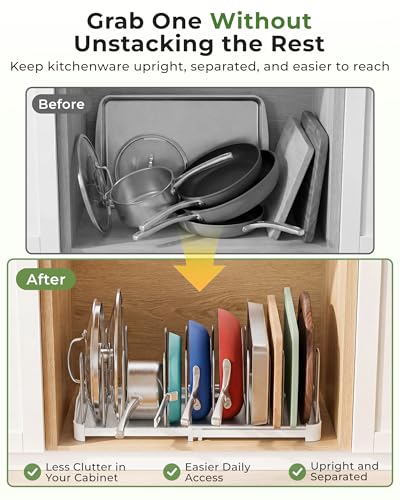 EVERIE Adjustable Bakeware Organizer Pot Lid Holder Rack for Pots, Cake Molds, Cutting Boards, Mats, Cookware, GS02SS, 7.7'' Deep by 12.6'' to 21.5'' Wide
