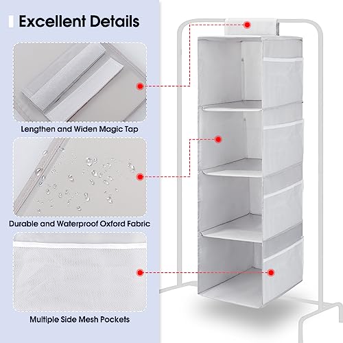 PetsHome 4-Shelf Hanging Closet Organizer, Space Saver, Closet Hanging Storage Shelves with Mesh Pockets & Magic Tap for Storage, Foldable-Grey - color: Grey, size: 4 Shelf