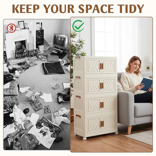 ETOYA 4-Tier Stackable Storage Bins with Lids, 23QT Stackable Closet Organizers and Storage with Wheels and Magnetic Doors, Foldable Plastic Storage Containers for Seasonal Clothes, Toys, Tools - color: White