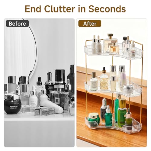 Ceruaxb 3-Tier Corner Bathroom Counter Organizer, Plastic Countertop Makeup Organizer, Large Capacity Vanity Bathroom Perfume Shelf Rack for Kitchen Office Desktop (Clear) - color: Clear