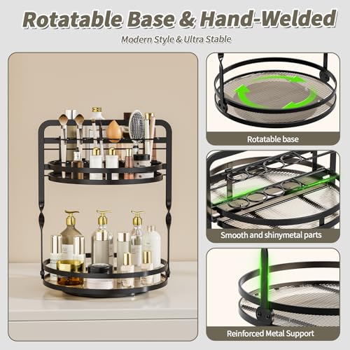 360° Rotating Makeup Organizer, 2-Tier Black Perfume Organizer for Dresser, Bathroom Organizers Countertop, Perfume Shelf with Makeup Brush Holder, Skincare Holder Cosmetic Display(Black) - color: Black