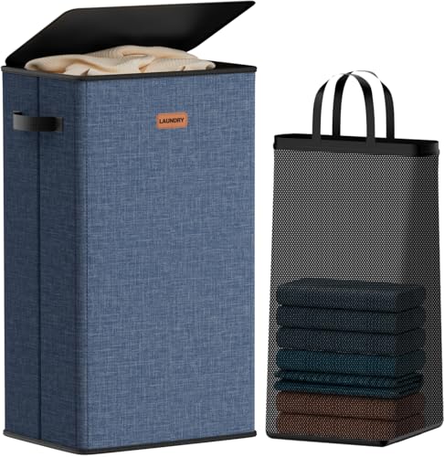 100L Laundry Hamper with Lid, Large Clothes Hampers with Removable Bag, Collapsible Laundry Basket for Bathroom, Bedroom, Laundry Room, Dorm, Navy Blue - color: Navy Bule, size: 100L - 1 Section