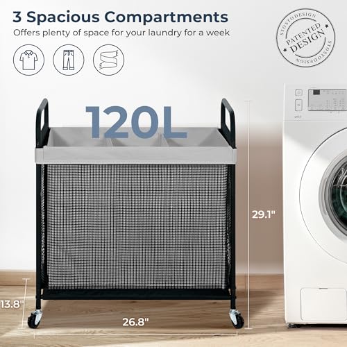STO STO Laundry Hamper 3 Section, 120L Rolling Laundry Sorter Cart with Removable and Washable Liner Bag, Clothes Hamper with Wheels and Metal Handle for Laundry Room and Bedroom, Gray - color: Gray, size: 3-Section