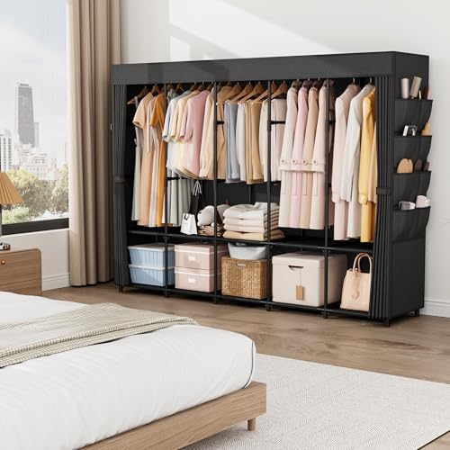 Portable Closet Storage, Portable Wardrobe Closet Organizer Clothes Rack wtih Cover, Hanging Rod, Storage Shelves and Side Pockets, Large Portable Closets for Hanging Clothes, Black - color: Black, size: 5 Row - 82'' Wide