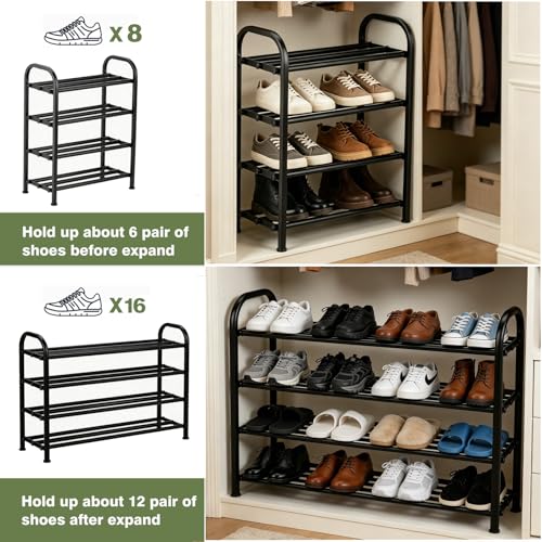 4-Tier Expandable Shoe Rack, Stackable and Adjustable Shoes Organizer Storage Shelf, Sturdy and Durable Metal Structure Free Standing Shoe Rack for Closet Entryway Doorway - color: 4-tier
