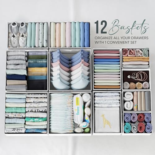 Drawer Organizer Clothes Set of 12 White-Grey - Dresser Organizer For Nursery, Bedroom, Closet - Perfect Baby Clothes Organizer and Storage & General Nursery Organization or Dresser Drawer Organizers - color: White-Grey
