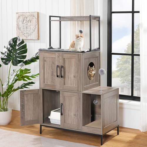 HOOBRO Cat Litter Box Enclosure Furniture, 2 in 1 Hidden Litter Box Furniture with Shelf, Double Litter Box Cabinet with 2 Dangling Plush Balls and 1 Toy Ball, Greige and Black BG78MW01 - color: Greige