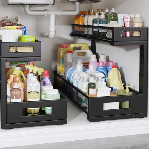 2 Pack 20.47IN Depth Under Sink Storage Organizer, Large 2-Tier Elegant Mesh Pull Out Shelf for Kitchen and Bathroom Cabinet Organization, L-Shaped and Adjustable Height Design-Black - color: Black, size: 2 Pack-20.47"Dx11.4"-16.14"H
