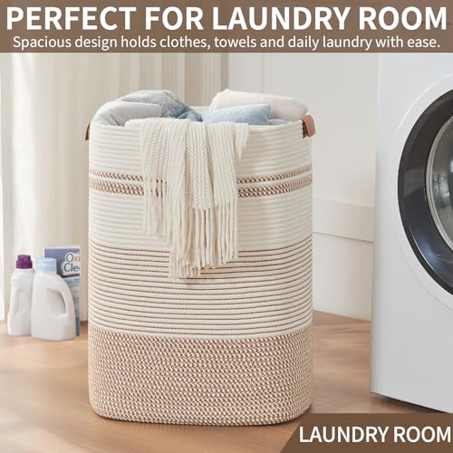AINUOQI Laundry Basket with Handles - Blanket Basket & Hampers for Bedroom Aesthetic, Laundry Hamper & Blanket Storage for Living Room, Clothes Hamper, Tall, Large 17" x 14" x 22”, Brown & White - color: Brown & White, size: 85L