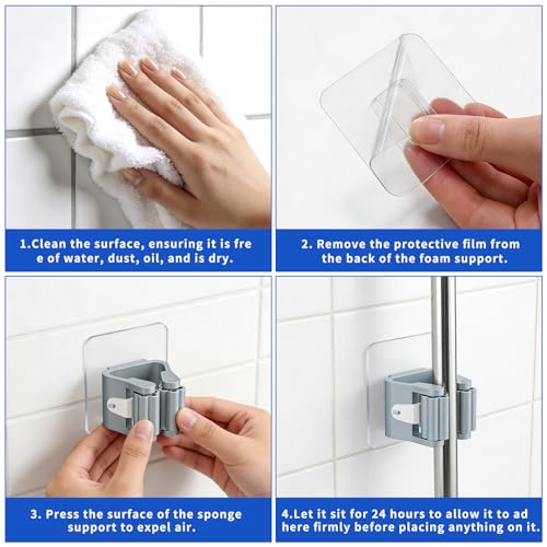 Broom Holder Wall Mount, 4 Pack Mop and Broom Holder, PlasticBroom Hangers for Wall, Gray, Space-Saving Tool Organizer for Kitchen Laundry Garage Garden, Easy Install, Non-Slip Grips