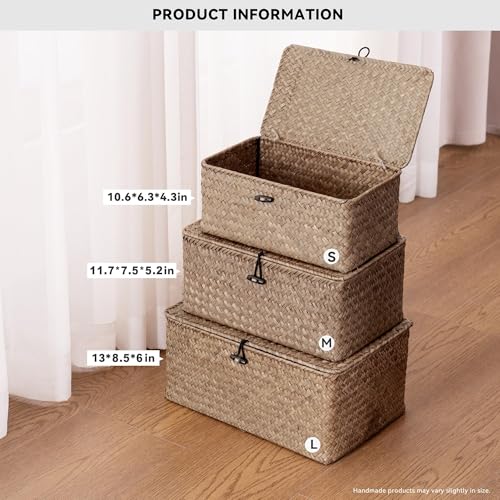 Nonam Seagrass Storage Baskets with Lid Set of 3,Wicker Basket Storage Bin for Shelves,Rectangular,Boho Decor,Handwoven Shelf Basket for Organizing-Storage Container Box for Home Organization-Coffee - color: Coffee* Set of 3