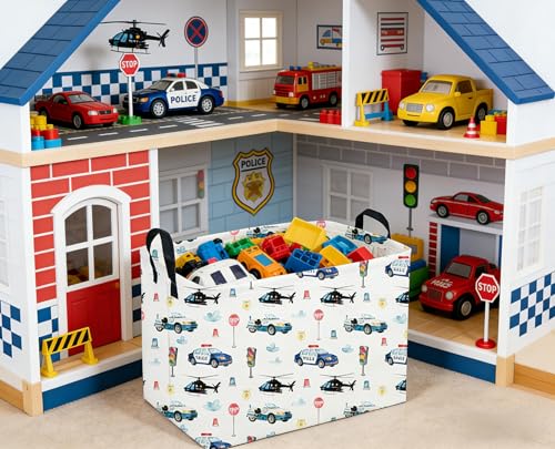 Sanjiaofeng Rectangular Police Car Storage Basket,Boys Toy Storage Bin,Nursery Hamper,Kids Storage Basket with Handles for Car Decor,Home Organizer,Books Box,Gift Baskets(Police Cars) - color: Police Cars