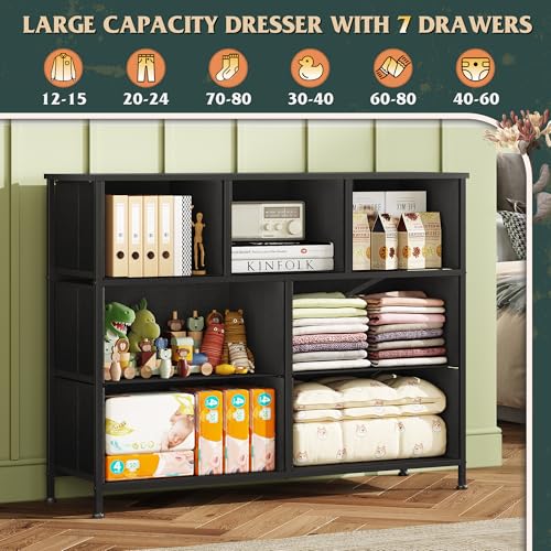 WLIVE 7 Drawer Dresser TV Stand, Entertainment Center, Media Console Table with Metal Frame and Wood Top for TV up to 45 inch, Chest of Drawers for Bedroom, Living Room, Vintage Green - color: Turquoise