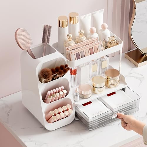 Makeup Organizer for Vanity with Brush Holder, 2 Tiers Countertop Skincare, Cologne Organizer and Perfume Stand for Men Bathroom Vanity, Large Capacity Makeup Storage, Black - color: White+Clear, size: Large