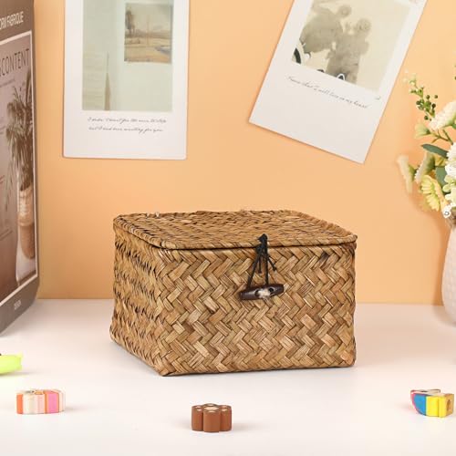 Hipiwe Wicker Shelf Baskets Bins with Lid Handwoven Seagrass Storage Basket Multipurpose Household Organizer for Shelves Home Decor, Caramel Color, X-small - color: Caramel, size: X-small