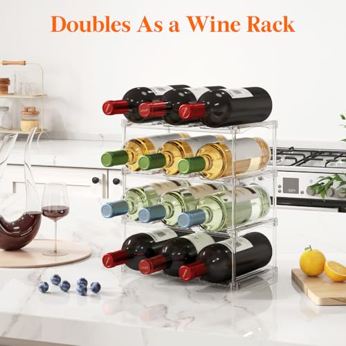 Lifewit Stackable Bottle Storage Organizer, Clear Freestanding Wine Holder for Cabinet, Large Slot Water Bottle Tumbler Cup Organizer for Pantry, Plastic Wine Rack for Fridge Cellar, 4Tier Hold 12 - size: 4 Tier-12 Bottle