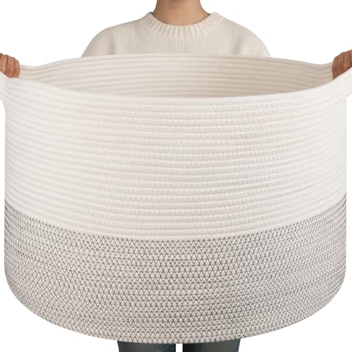OIAHOMY 90L XXXLarge Blanket Basket for Living Room, 21.7" x 13.8" Woven Cotton Rope Laundry Basket for Organizing Pillows, Decorative Stuffed Animal Toy Storage Bin for Nursery, Black and White - color: Black and White, size: 21.7"D x 13.8"H