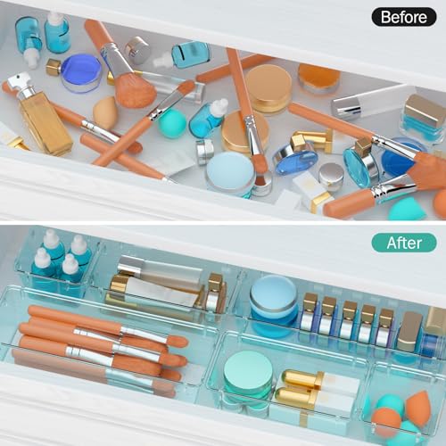 WOWBOX 9 Pack Clear Drawer Organizer Set, Acrylic Drawer Storage Trays, Storage Bins for Makeup, Cosmetics, Jewelries, Utensils, Gadgets, Office, Sea Blue - color: Sea Blue, size: 9 PCS