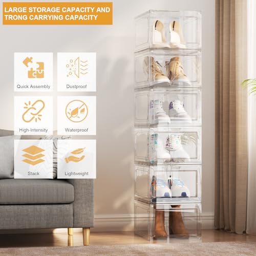 Shoe Box,Set of 6,Stackable Plastic Clear Shoe Box Organizer with Magnetic Door,Shoe Storage Box Thicken Sturdy,Easy Assembly,Fit up to US Size(Front opening door, Clear) - color: White, size: Front