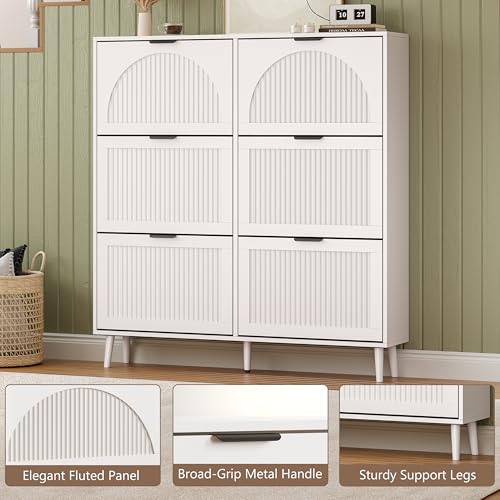 BORNOON Shoe Cabinet for Entryway with 6 Flip Drawers, Slim Wooden Shoe Storage Organizer with Modern Fluted Pannel，Freestanding Narrow Hidden Shoe Rack for Hallway, Foyer, Living Room - color: White, size: 6 Flip Drawers