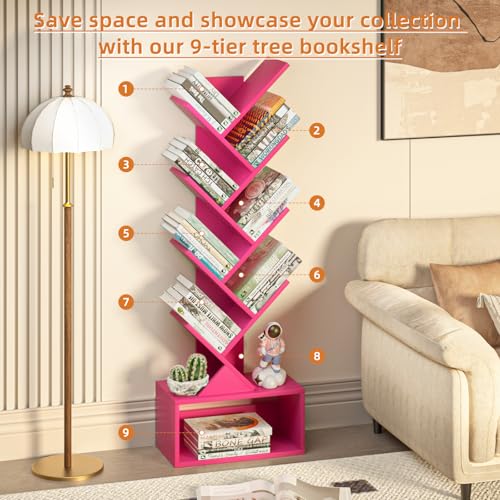 SHEEPAM 9 Tier Tree Bookshelf,Christmas Green Bookcase for Narrow Space, Storage Organizer Floor Standing Bookshelves for Books, Tall Book Case for Home Office, Living Room, Bedroom - color: Pink, size: 9 Tier