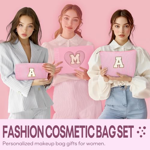 2 PCS Initial Makeup Bags for Women: Cosmetic Bag for Travel Toiletry - Birthday Gifts for 11 12 13 14 15 16 17 18 Years Old Girl Graduation Teacher Gift- Teen Girl Gifts Trendy Stuff - Pink R - color: Pink, style: R