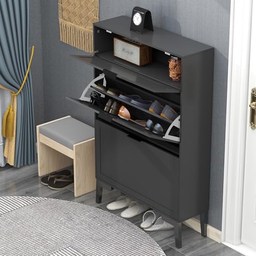 TaoHFE Modern Shoe Cabinet for Entryway - Black Wooden Hidden Shoe Cabinet - Narrow Free Standing 3 Tier Rack - color: Black
