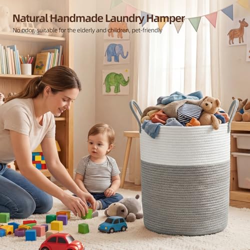 OIAHOMY Large Laundry Basket Hamper - 60L Cotton Rope Woven Basket for Blankets, Toys, Clothes - Tall Decorative Nursery Hamper with Long Handles, Grey/White - color: Grey/White, size: 60L