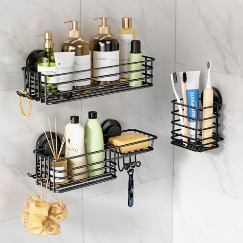 LEVERLOC Shower Caddy Suction Cup, 3 Pack Heavy Duty Bathroom Organizer for Inside Shower with Hooks & Soap Holder, Removable Bathroom Holder, Rustproof Black Storage - color: Black, size: 3 × Medium