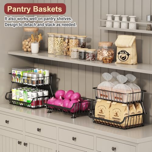 3-Tier Rolling Pantry Cart with Wheels, Stackable Wire Storage Floor Organizer for Kitchen Pantry Snack Shelves, Fruit Basket Stand, Vegetable Storage Rack for Food Snacks Onion Potato, Black, 2 Pack - color: 3 Tier-black (2 Pack)