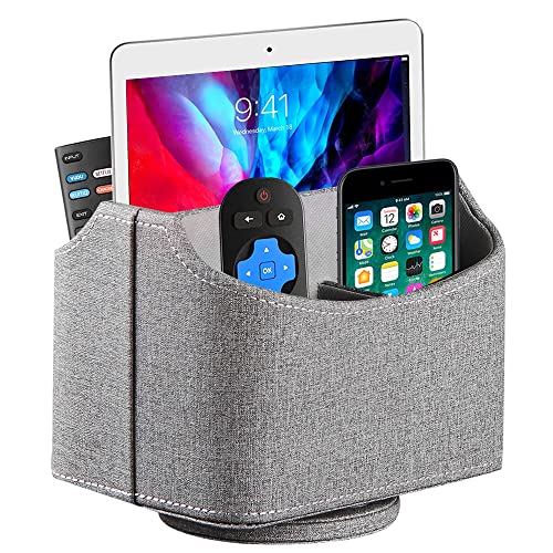 Fanousy 360° Rotating Remote Control Holder, PU Leather TV Remote Caddy Organizer Basket Storage Box with 5 Compartments for Pen, Pencil, Art Supplies, Makeup Brush, Office Desk Table Accessories - color: Grey cloth