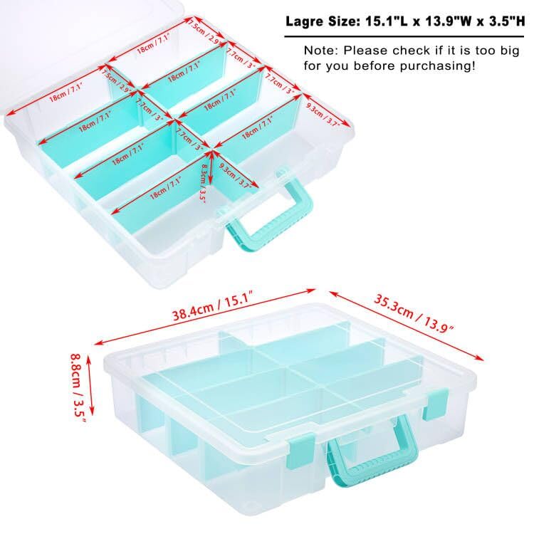 BTSKY Clear Plastic Dividing Storage Box with 8 Compartments Adjustable Storage Bin with Lid Portable Craft Storage Container Multipurpose Sewing Box Art Supply Organizer, 15.1x13.9x3.5 Inches - size: 15.1x13.9x3.5 Inches-Clear
