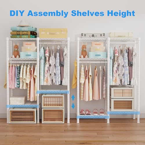 Ulif F1 Garment Rack for Kids, Baby, Students, and Children's Room, 4 Tiers Freestanding and Portable Heavy Duty Closets, Small Metal Clothes Rack with 2 Hanging Rod, 31.2" W x 11.8" D x 48" H, White - color: White