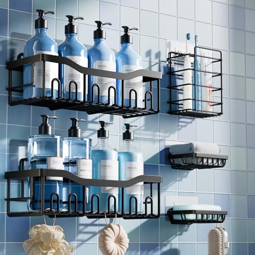 EUDELE 5-Pack Rustproof Stainless Steel Shower Caddy Set– No Drill Adhesive Bathroom Organizer, Space-Saving Shower Shelves for Apartment Essentials, Bathroom/Kitchen Storage Home Decor-L Size - color: Black-5pcs